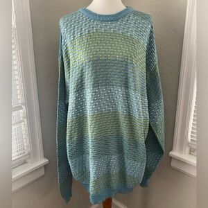 Vtg Y2K Green Blue Textured Abstract Geometric Retro Streetwear Crew Sweater XL